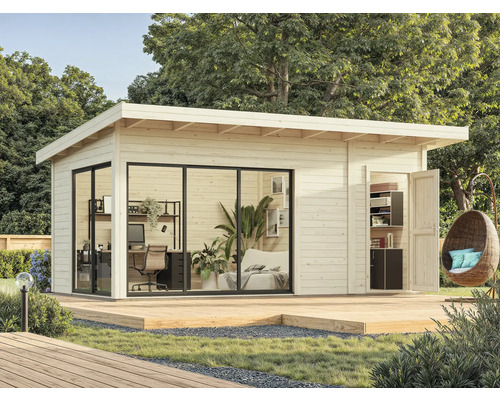 Maison de jardin en bois avec terrasse, mobilier de bureau et espace de rangement dans le jardin