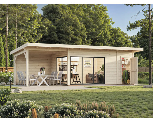 Holzgartenhaus mit Terrasse, Gartenmöbeln und Geräteschuppen im Garten