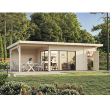 Abri de jardin moderne avec terrasse, portes coulissantes et remise à outils dans le jardin