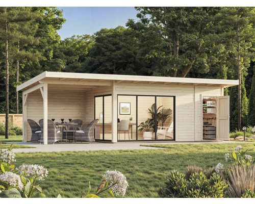 Holzgartenhaus mit Terrasse, Gartenmöbeln und Geräteschrank im Garten