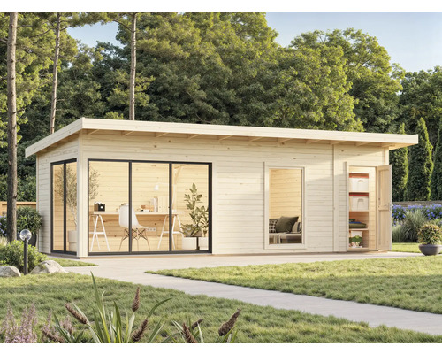 Modernes Gartenhaus aus Holz mit Flachdach, großen Fenstern und Außentür