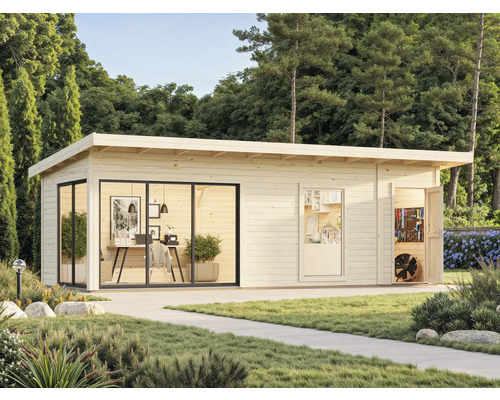 Abri de jardin moderne avec de grandes façades vitrées et une entrée latérale supplémentaire, entouré de pelouses et d'arbres.