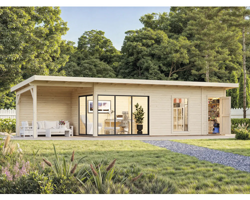 Maison de jardin en bois avec terrasse, bureau et remise à outils dans le jardin