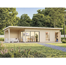 Abri de jardin moderne avec terrasse, grandes fenêtres et porte ouverte