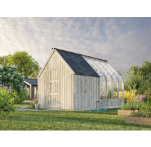 Maison de jardin en bois avec extension en verre et toit en bardeau dans le jardin