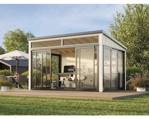 Abri de jardin avec portes coulissantes et terrasse dans le jardin