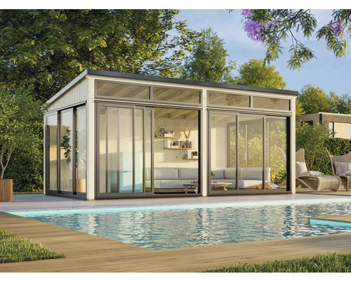 Tonnelle de jardin moderne avec façade en verre à côté d'une piscine