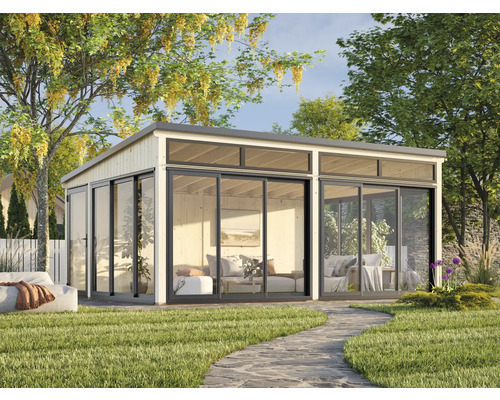 Abri de jardin moderne avec façade en verre et portes coulissantes dans un environnement clair et convivial.