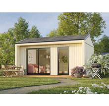 Garten mit Gartenhaus aus Holz, Esstisch und Grill