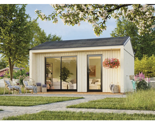 Gartenhaus Palmako Rebekka 19,4 m² inkl. Fußboden 562 x 446 cm natur Gartenhaus mit Schiebetür und angrenzender Terrasse im Garten.