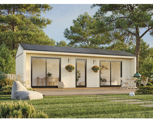 Gartenhaus Palmako Rebekka 22,4 m² inkl. Fußboden 901 x 339 cm natur Modernes Holzhaus mit Terrasse, Gartenmöbeln und Grill im Grünen.