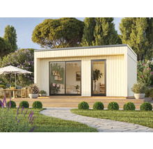 Modernes Gartenhaus mit Terrasse in einem gepflegten Garten.