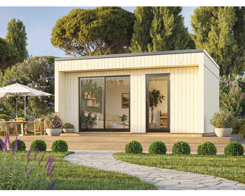 Gartenhaus Palmako Johanna 19,4 m² inkl. Fußboden 562 x 448 cm natur Modernes Gartenhaus mit Terrasse in einem gepflegten Garten.