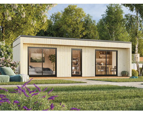 Gartenhaus Palmako Johanna 22,4 m² inkl. Fußboden 901 x 339 cm natur Modernes Gartenhaus mit Holzfassade und großen Fensterfronten