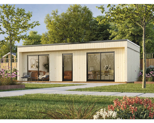 Gartenhaus Palmako Johanna 31,8 m² inkl. Fußboden 901 x 448 cm natur Modernes Gartenhaus mit Holzfassade und großen Fensterfronten