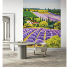 Image murale avec motif de champ de lavande dans une pièce lumineuse avec table à manger et chaise