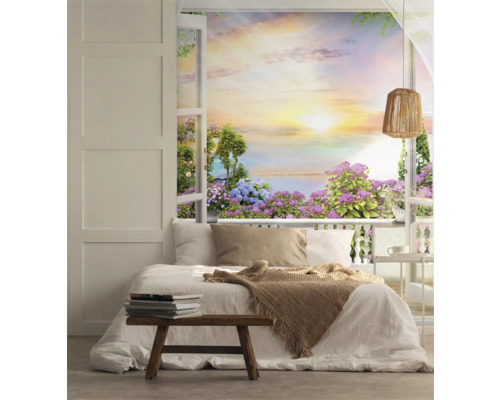Chambre lumineuse avec vue sur le jardin Papier peint