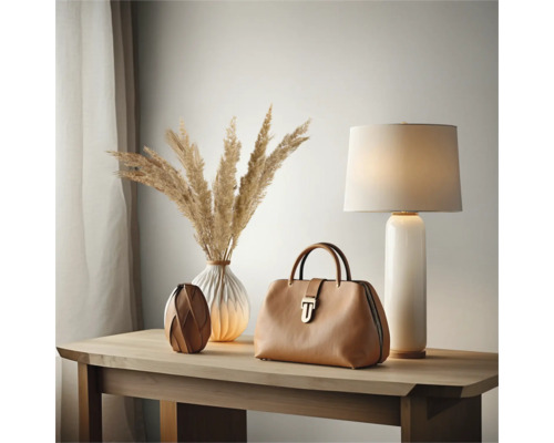 Scène décorative avec sac, lampe et vases sur une table en bois.