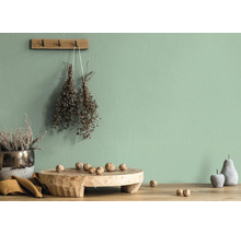 Mur clair et décoratif avec des accessoires tels que des fleurs séchées, une planche en bois avec des noix, une imitation de fruit et une plante en pot