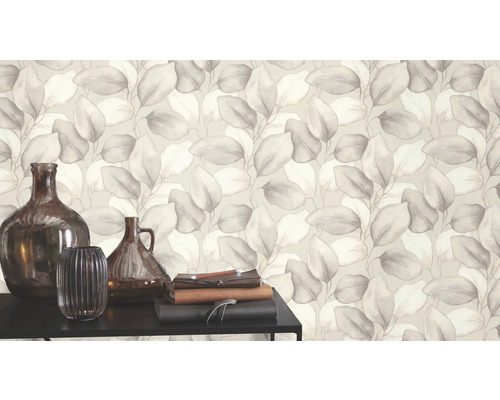 Papier peint décoratif avec motif de plantes et vases sur une table