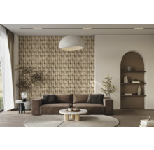 Salon avec canapé marron, table basse, panneaux muraux 3D, suspension et étagère