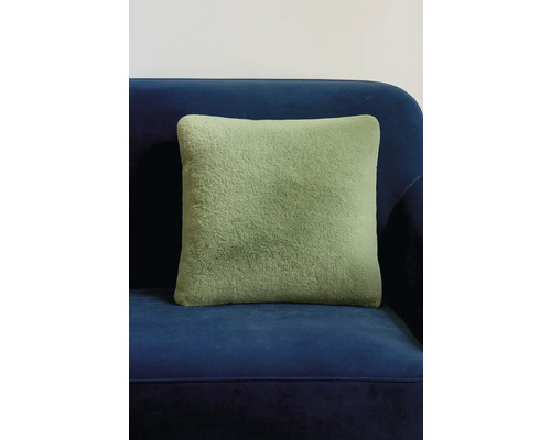 Grünes Zierkissen auf blauem Sofa