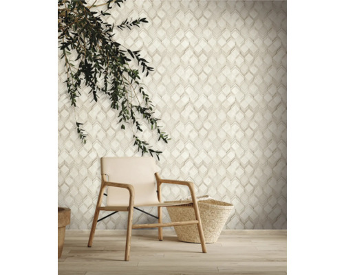 Scène d'intérieur avec chaise, panier et carreaux muraux à motifs géométriques