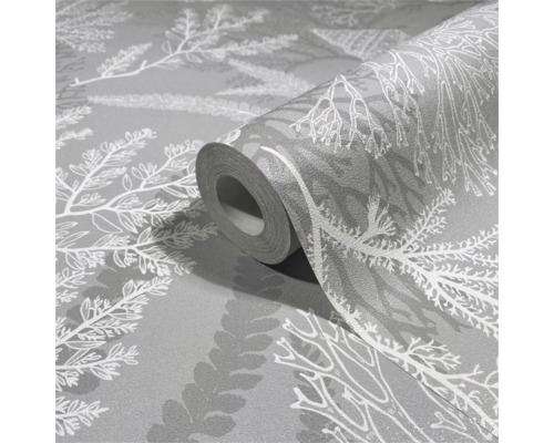 Rouleau de papier peint avec motif de plantes sur fond gris
