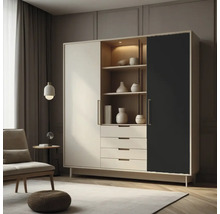 Wohnzimmerszene mit einem Schrank mit Regalen und Schubladen