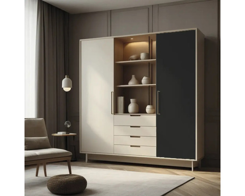 Wohnzimmerszene mit einem Schrank mit Regalen und Schubladen