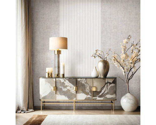 Salon moderne avec buffet design marbré, lampe de table et décoration