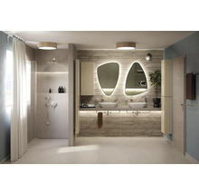 Salle de bains lumineuse avec douche, double vasque, miroirs éclairés et détails en bois