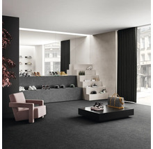 Intérieur avec moquette, fauteuils et présentation de produits pour chaussures et accessoires