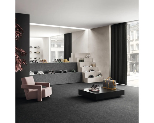 Intérieur avec moquette, fauteuils et présentation de produits pour chaussures et accessoires