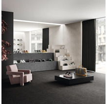 Intérieur avec moquette, escalier et chaussures exposées