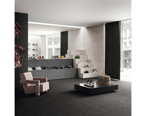 Intérieur avec moquette, escalier et chaussures exposées