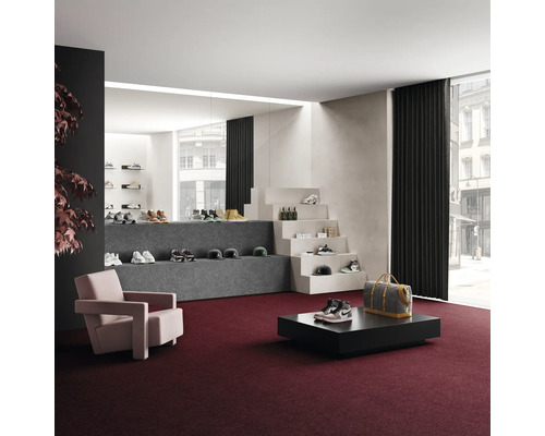 Intérieur avec moquette, fauteuil, table et présentation de produits de chaussures et accessoires