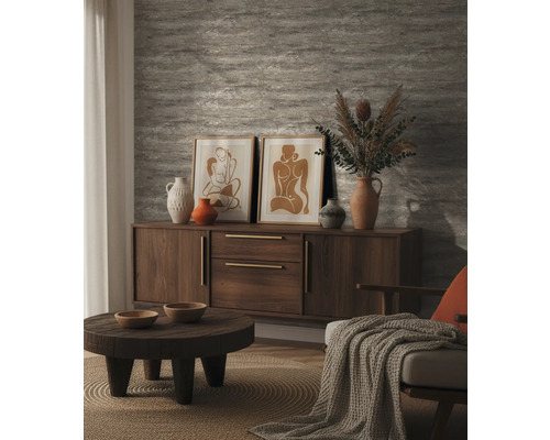 Salon avec commode, table basse, décoration et deux images encadrées au mur