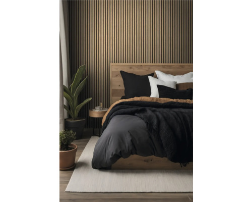 Chambre à coucher avec panneaux muraux en bois, lit et plantes d'intérieur