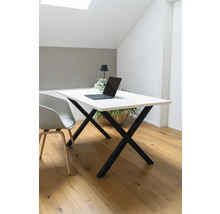 Schreibtisch mit Laptop, Lampe und Topfpflanze in einem hellen Raum