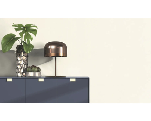 Dekoratives Wohnzimmerarrangement mit Pflanze, Kaktus und Tischlampe auf einem Schrank