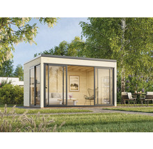 Maison de jardin moderne avec portes coulissantes et mobilier de jardin sur pelouse