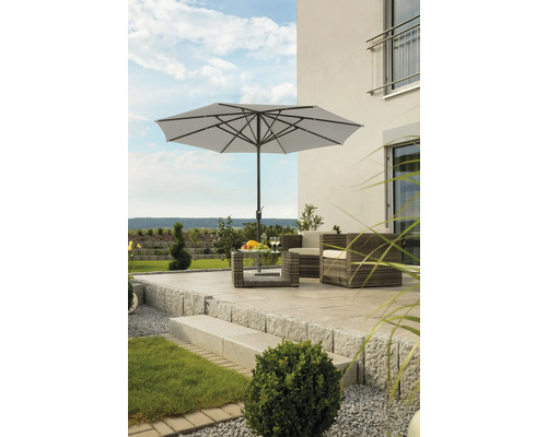 Scène avec parasol, table et fauteuils de salon sur une terrasse