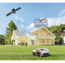 Robot tondeuse sans antenne sur une pelouse devant une maison, satellite dans le ciel