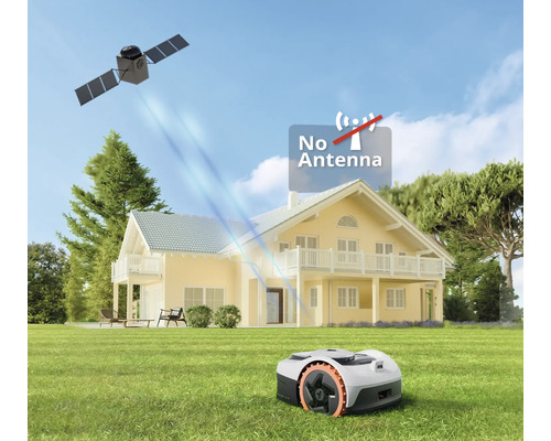 Robot tondeuse sans antenne sur une pelouse devant une maison, satellite dans le ciel