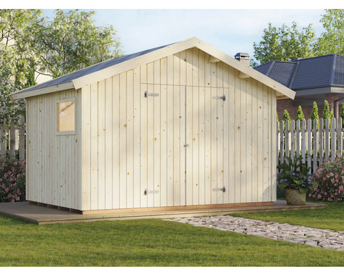 Abri de jardin Palmako Nils 8,2 m² avec plancher 392 x 289 cm naturel Abri de jardin en bois avec double porte et fenêtre dans le jardin