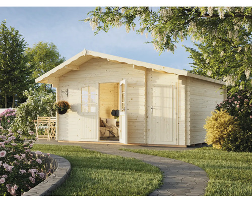 Gartenhaus aus Holz mit Tür und Fenster in einem hellen Garten