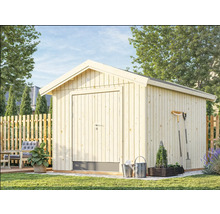 Abri de jardin en bois avec porte et outils de jardinage à l'extérieur