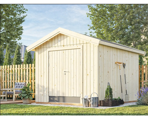 Holzgartenhaus mit Tür und Gartengeräten im Aussenbereich