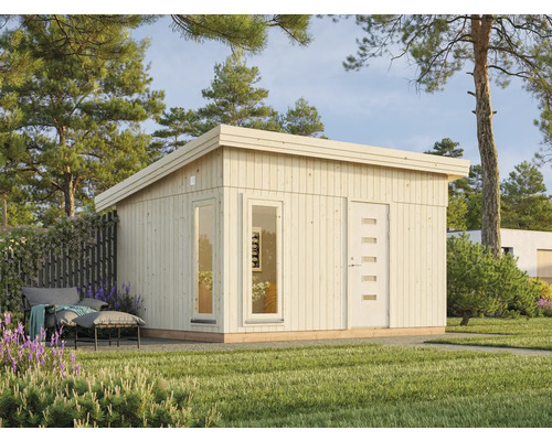 Abri de jardin moderne avec toit plat et fenêtre à côté d'une porte